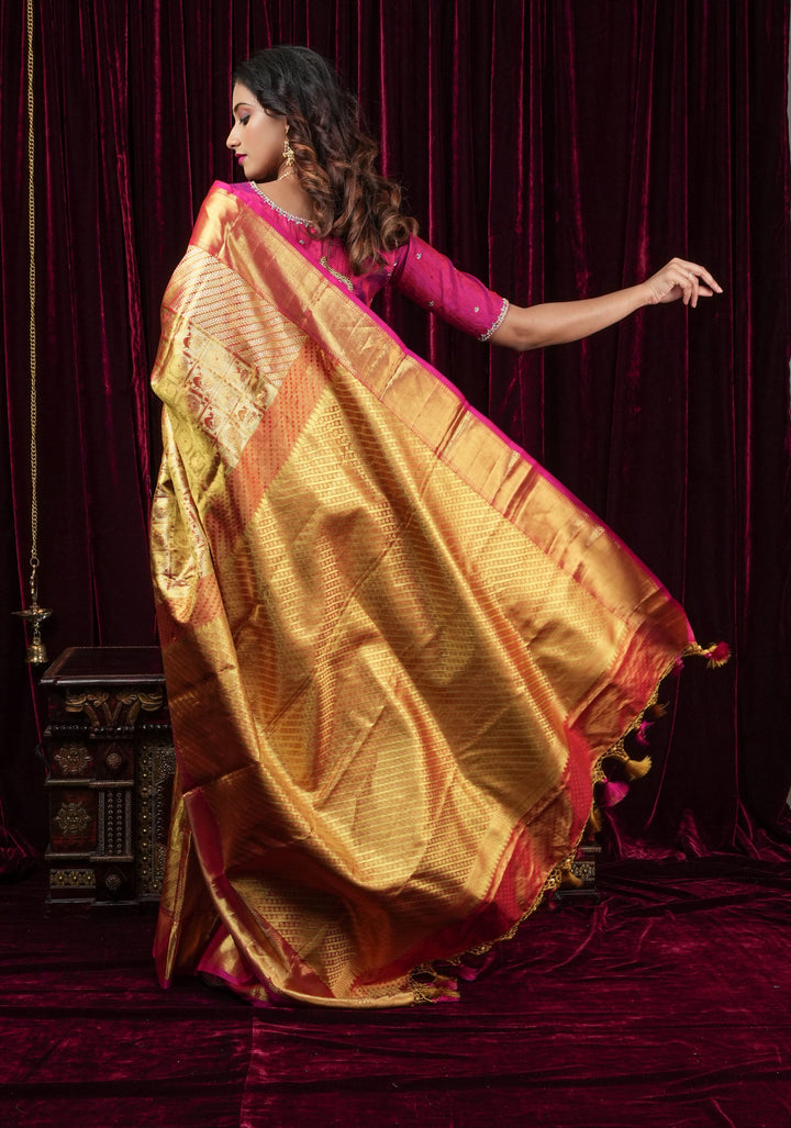Exquisite Tan Gold Tissue Kanjivaram Pure Silk Saree with Checks Pattern and wide Zari Borde | SILK MARK CERTIFIED