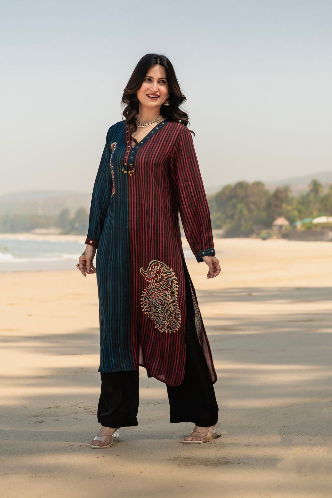 Blue and Red Paisley Lining Print Muslin Kurta Set- SET OF-2 | SHOBITAM