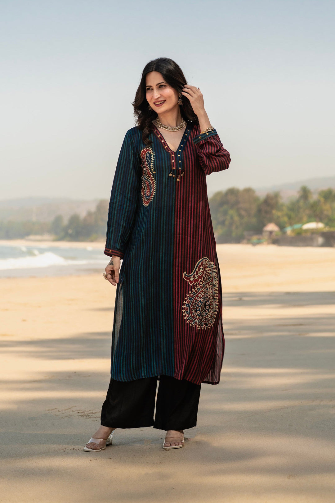 Blue and Red Paisley Lining Print Muslin Kurta Set- SET OF-2 | SHOBITAM