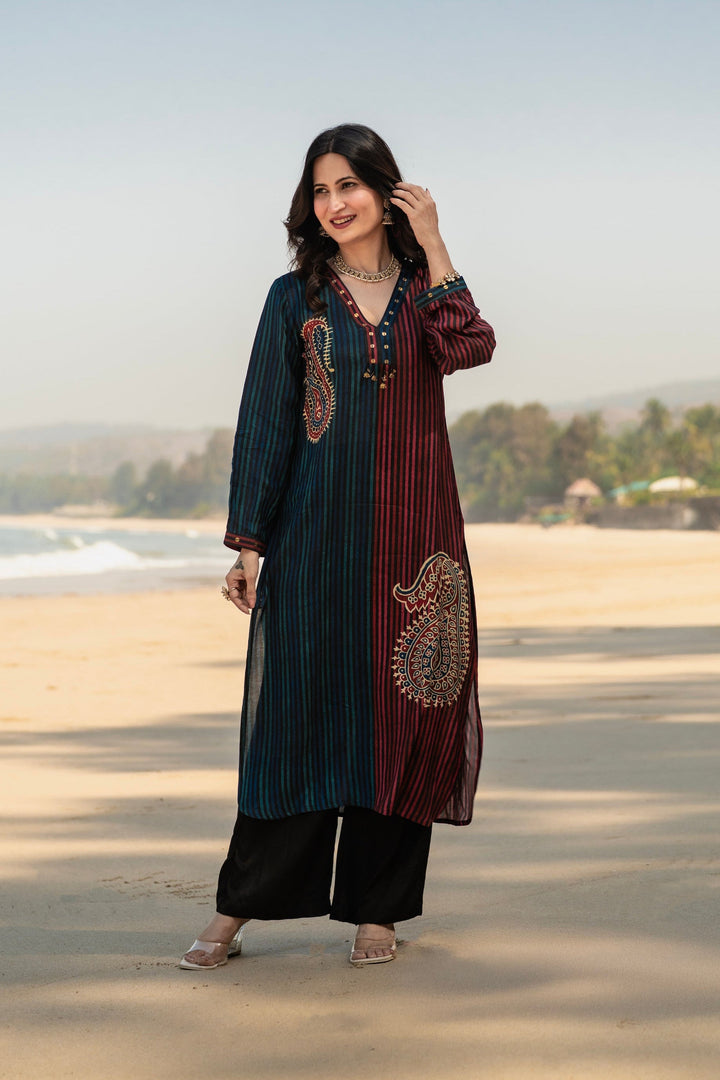 Blue and Red Paisley Lining Print Muslin Kurta Set- SET OF-2 | SHOBITAM