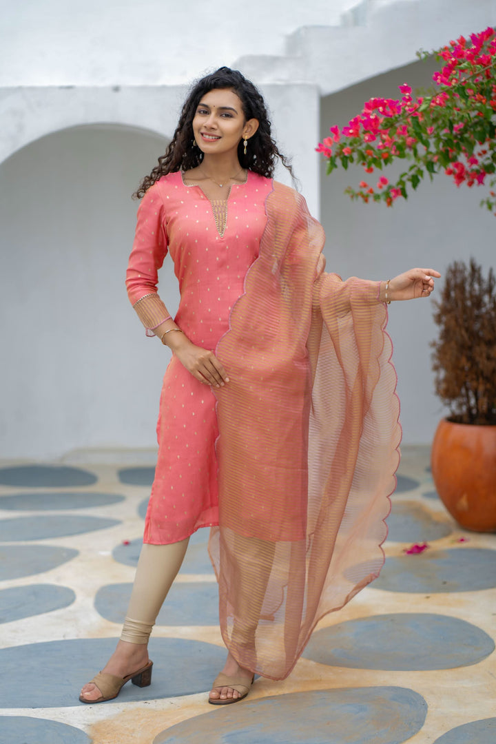 Pragathi Peach Kurti and dupatta 2 piece set with out Pant | Made To Order