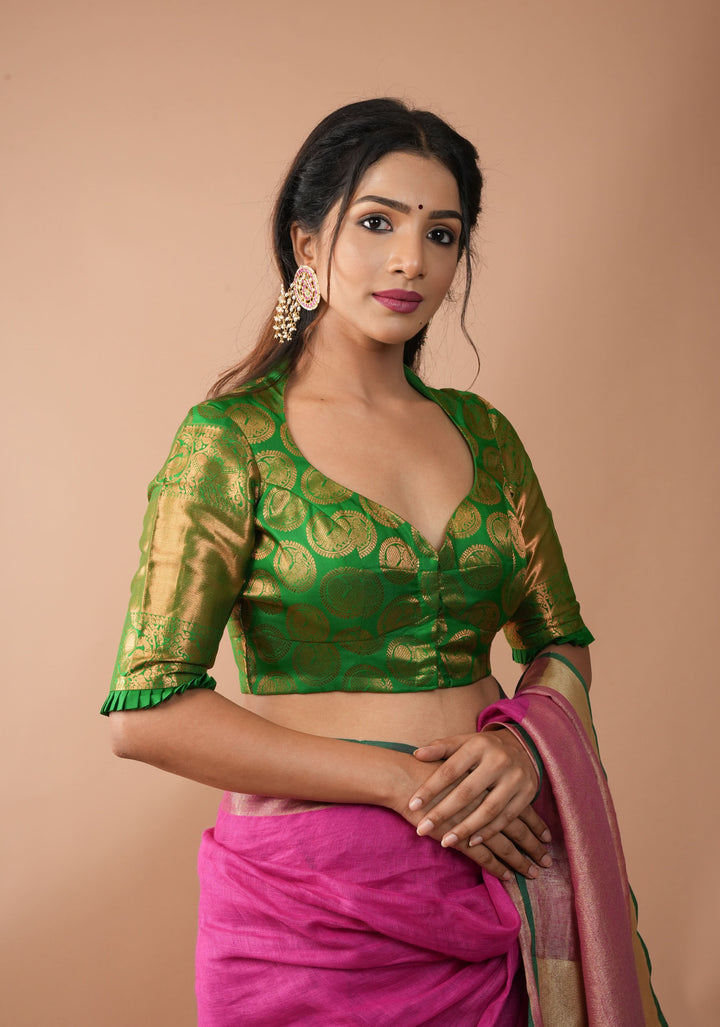 Leaf Green Pure Silk Kanjivaram Brocade Blouse with rising sun cutout and Potli Button detailing,  Made to Order, Customization