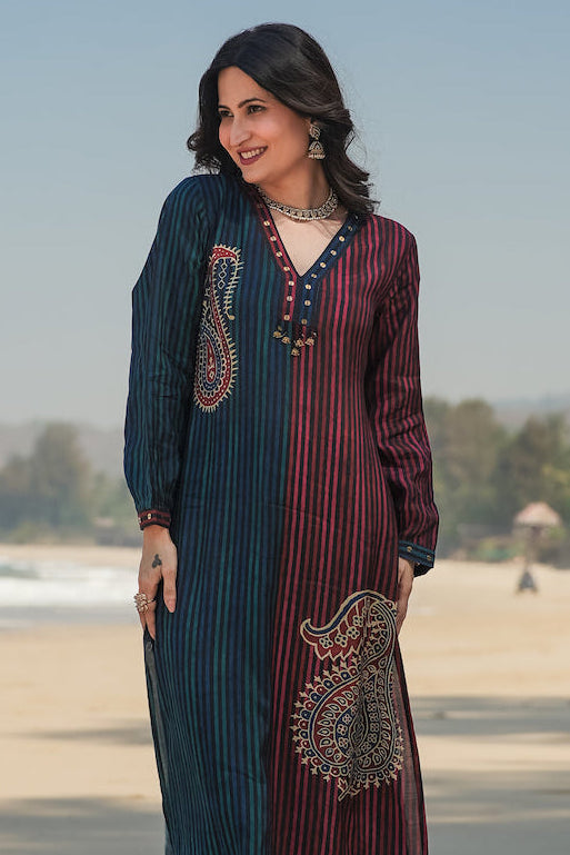 Blue and Red Paisley Lining Print Muslin Kurta Set- SET OF-2 | SHOBITAM
