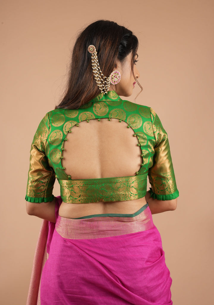Leaf Green Pure Silk Kanjivaram Brocade Blouse with rising sun cutout and Potli Button detailing,  Made to Order, Customization