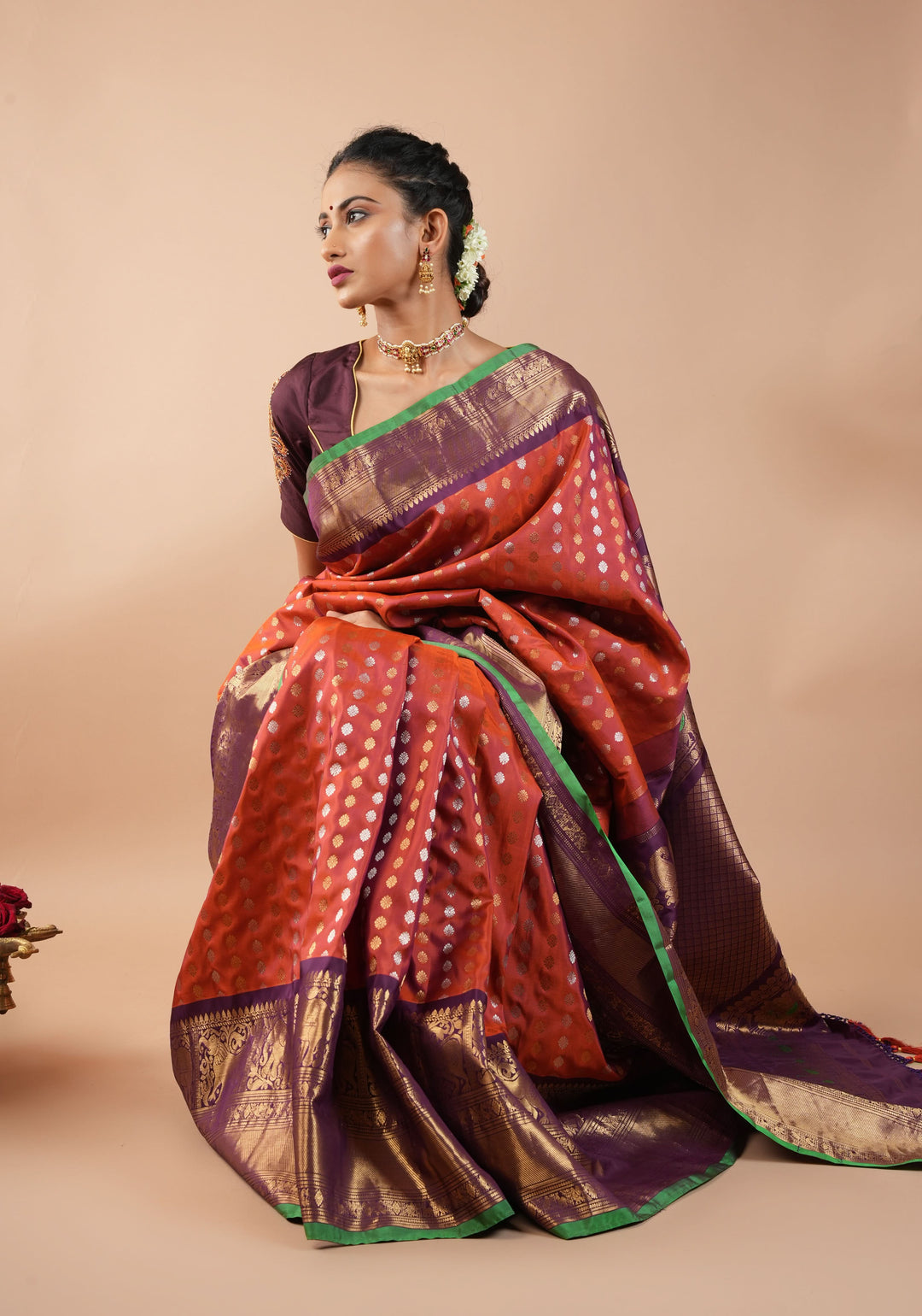 Rust Pure Gadwal Silk Saree with zari buttas and Wide Zari Border | SILK MARK CERTIFIED