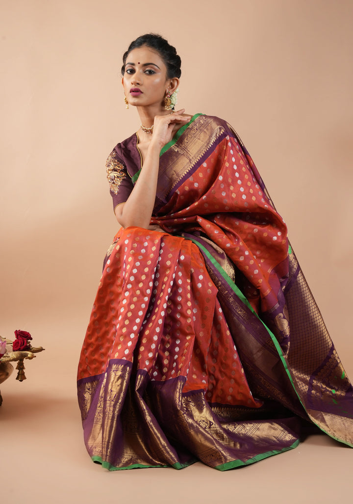 Rust Pure Gadwal Silk Saree with zari buttas and Wide Zari Border | SILK MARK CERTIFIED