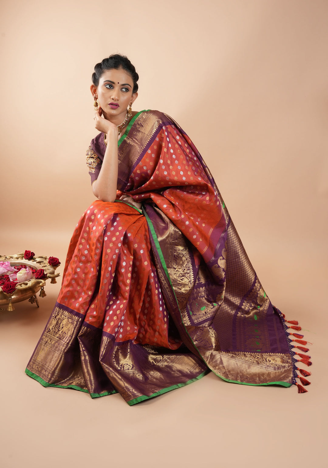 Rust Pure Gadwal Silk Saree with zari buttas and Wide Zari Border | SILK MARK CERTIFIED
