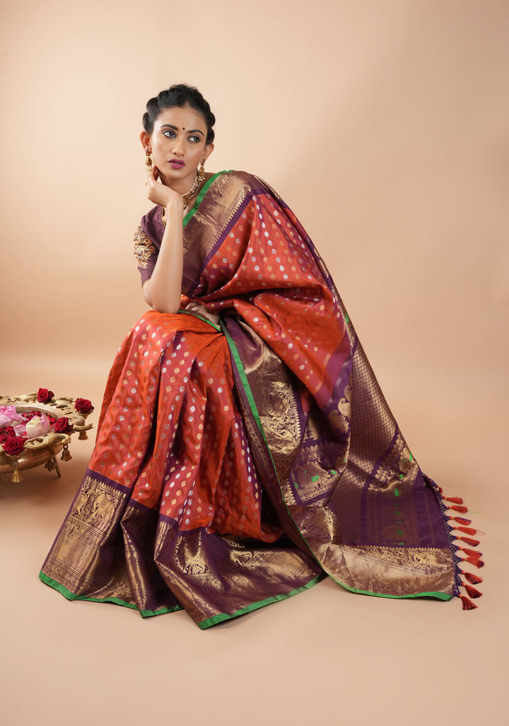 Rust Pure Gadwal Silk Saree with zari buttas and Wide Zari Border | SILK MARK CERTIFIED
