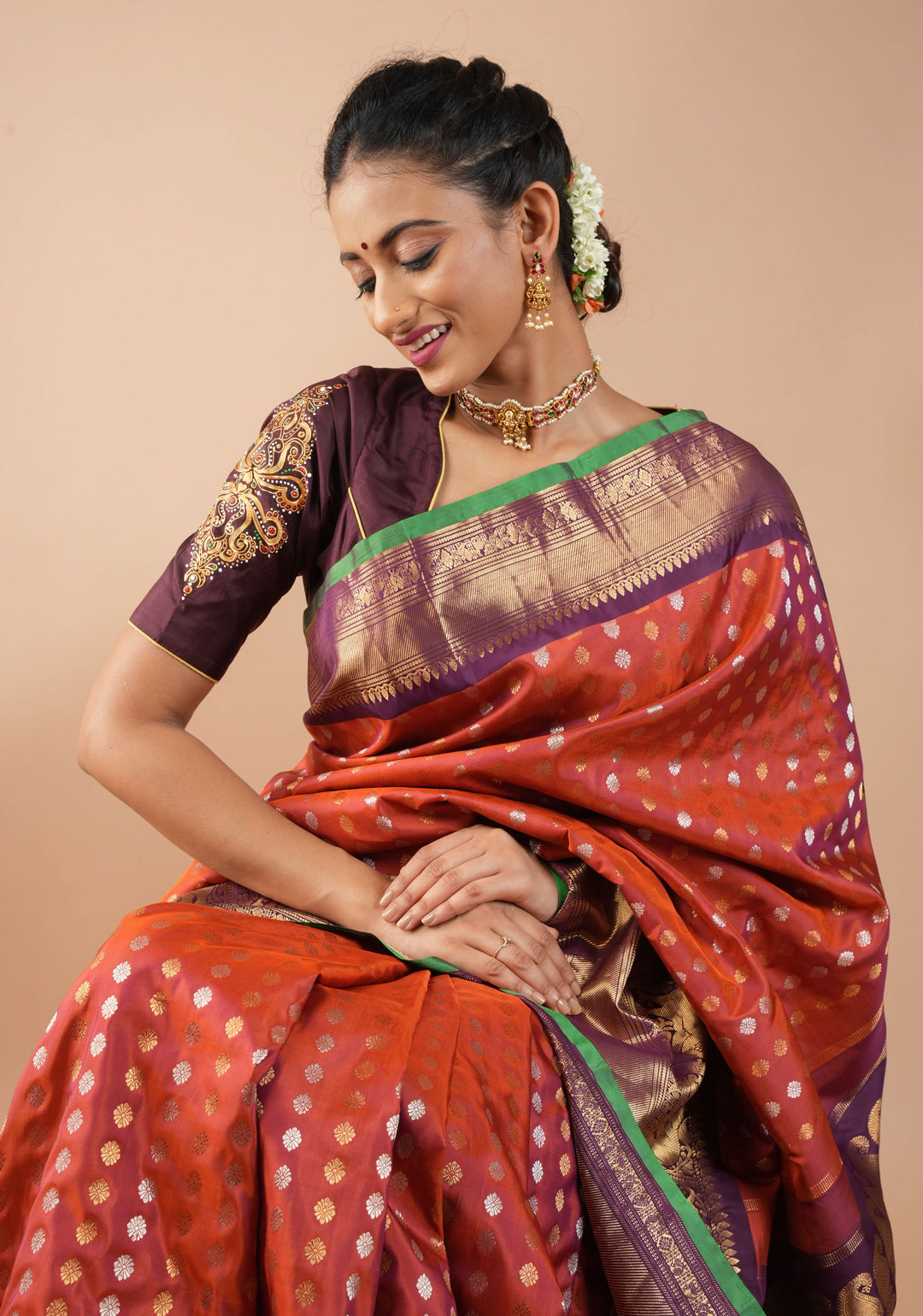 Rust Pure Gadwal Silk Saree with zari buttas and Wide Zari Border | SILK MARK CERTIFIED