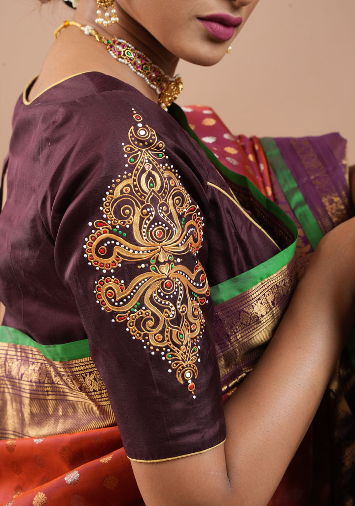 Brown Pure Silk Blouse with 3D Tanjore Art Damansk Motif on Sleeves and Arch Cutout back, Color Customization available, made to order