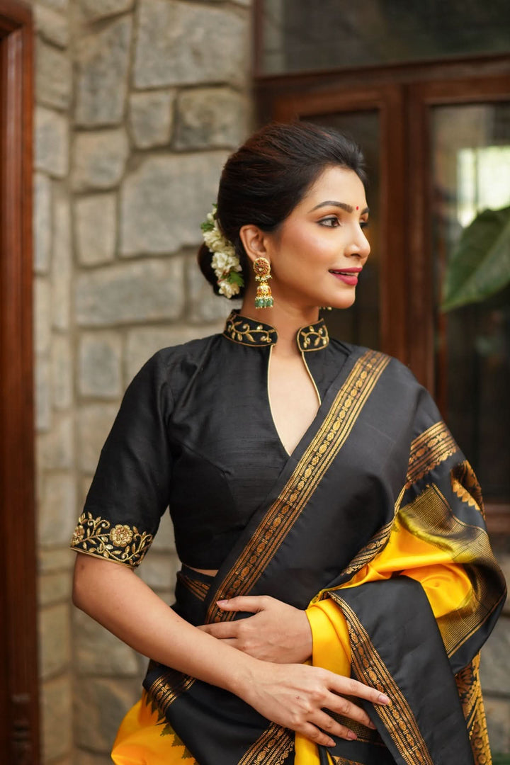 Black Raw Silk Blouse with Collar Neck and Zardosi Work   Mix and Match Blouse for saree, Made to Order