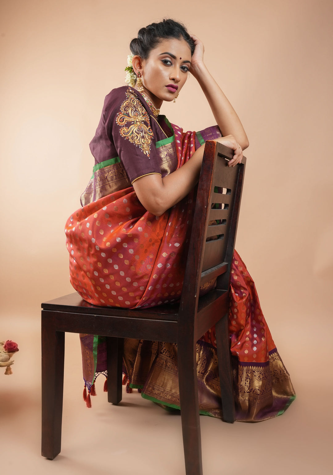 Rust Pure Gadwal Silk Saree with zari buttas and Wide Zari Border | SILK MARK CERTIFIED