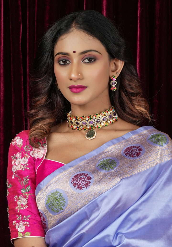 Pure Raw Silk blouse with Exquisite Moti and floral embroidery in Rani Pink,  Made to Order
