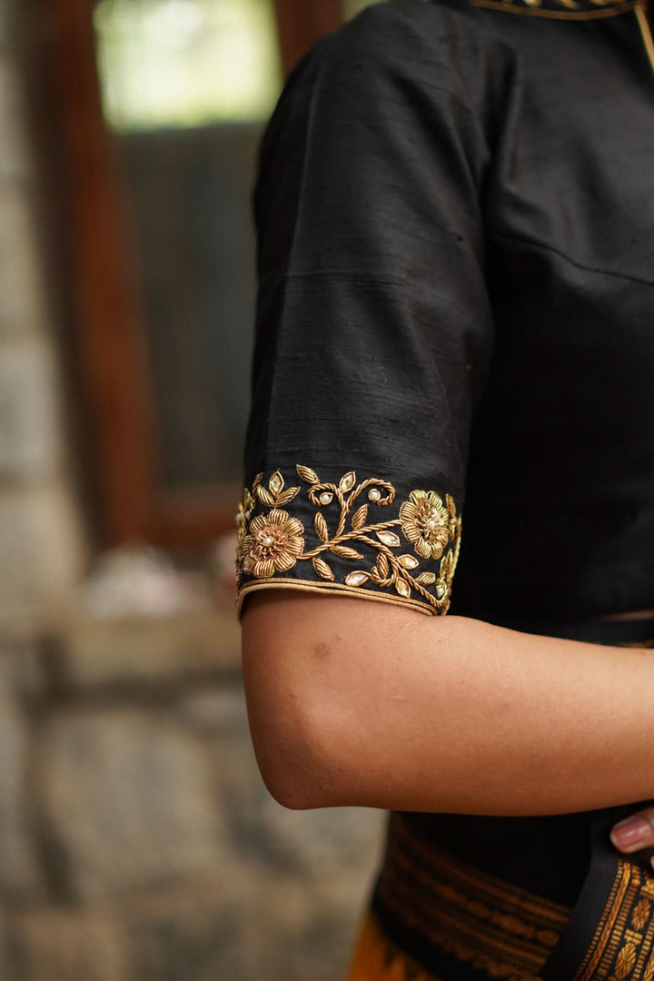 Black Raw Silk Blouse with Collar Neck and Zardosi Work   Mix and Match Blouse for saree, Made to Order