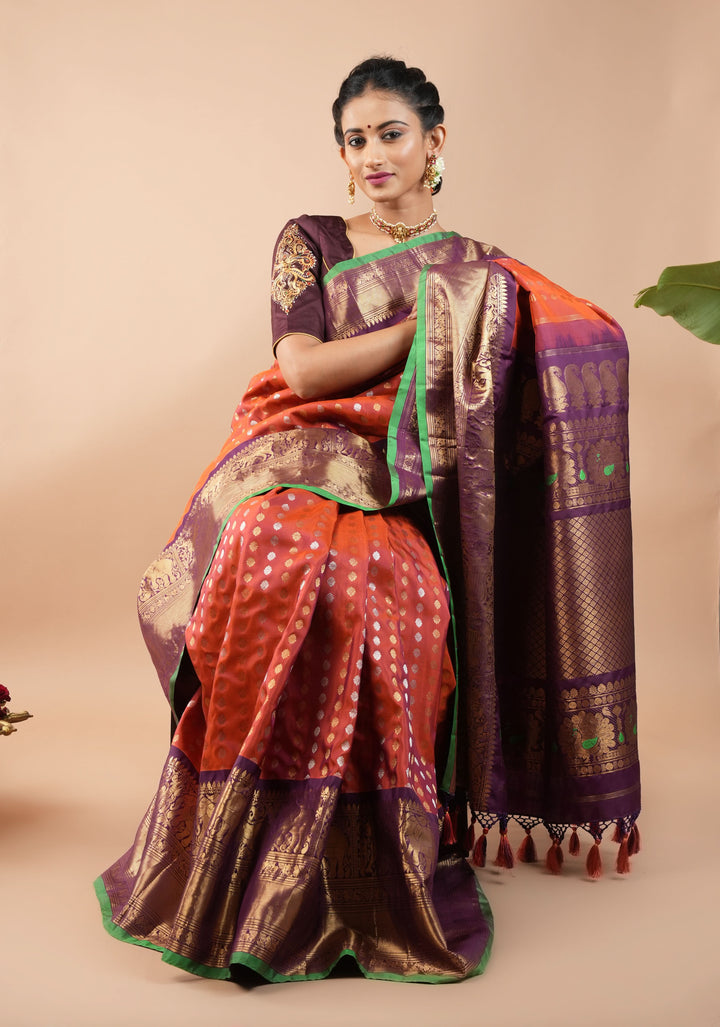Rust Pure Gadwal Silk Saree with zari buttas and Wide Zari Border | SILK MARK CERTIFIED