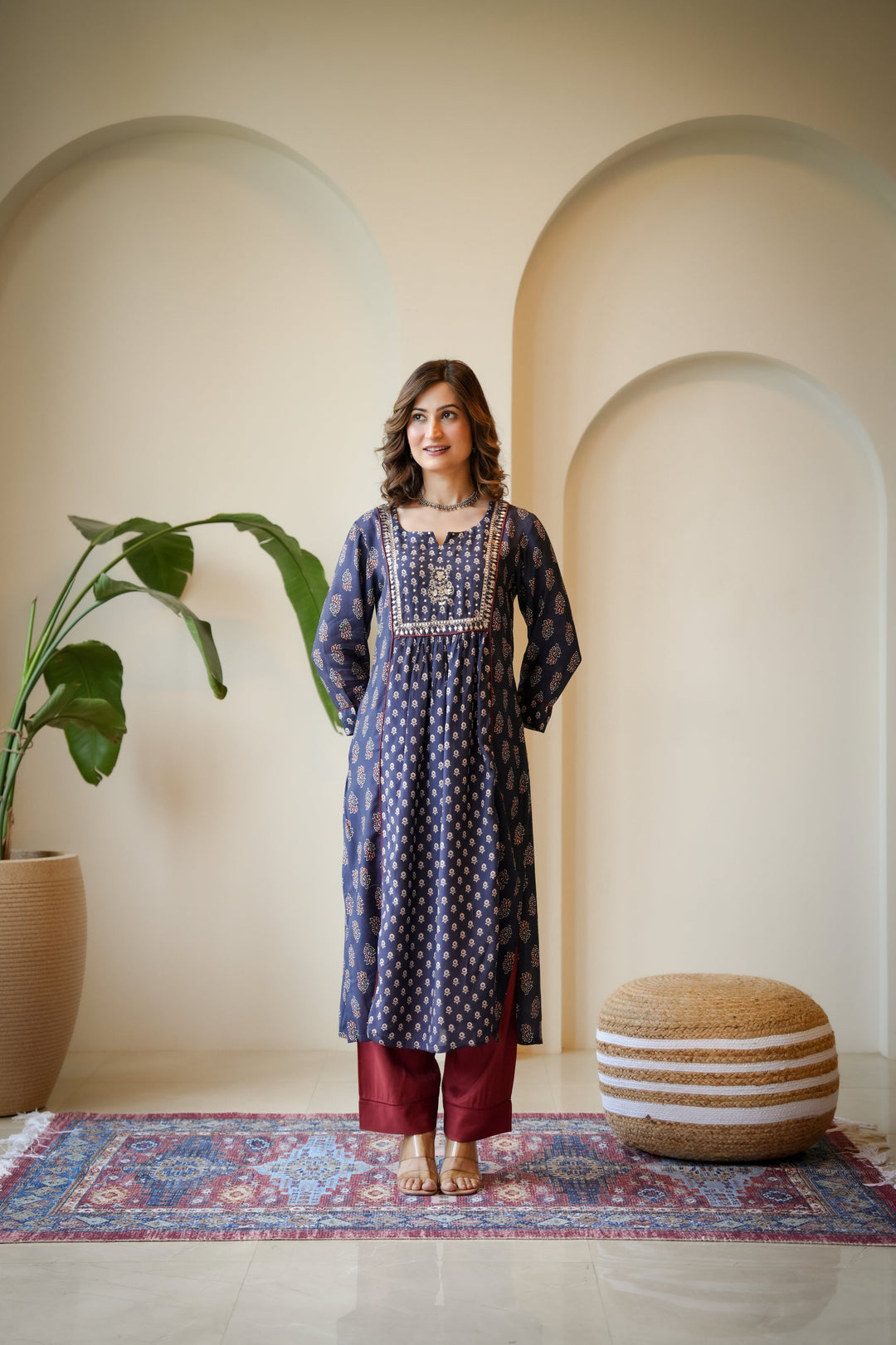Blue and Red Pleated Gota Work Block Print Kurta Set-SET OF 2 | SHOBITAM