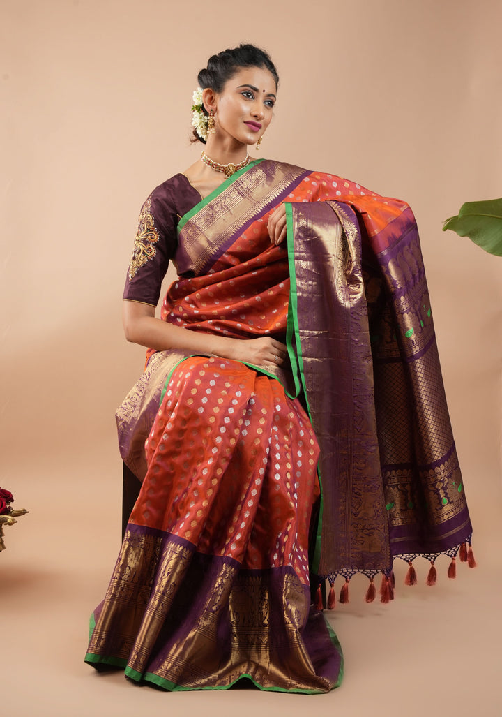 Rust Pure Gadwal Silk Saree with zari buttas and Wide Zari Border | SILK MARK CERTIFIED