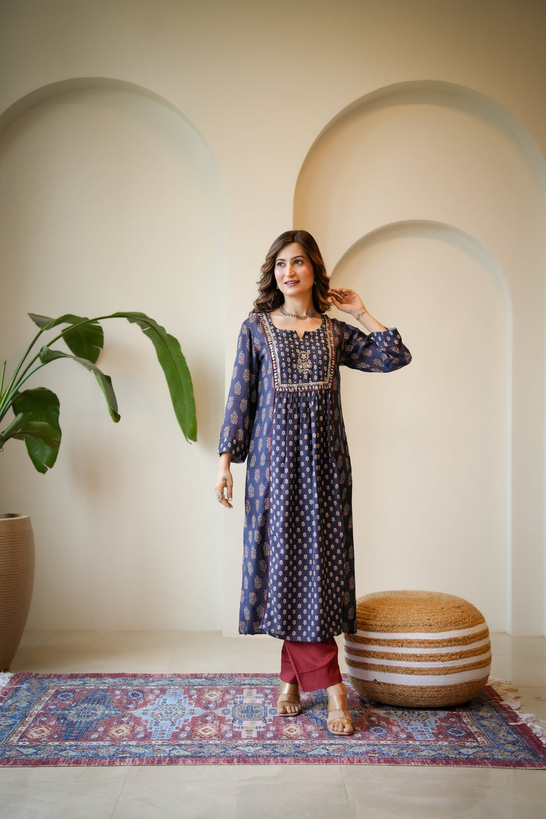 Blue and Red Pleated Gota Work Block Print Kurta Set-SET OF 2 | SHOBITAM