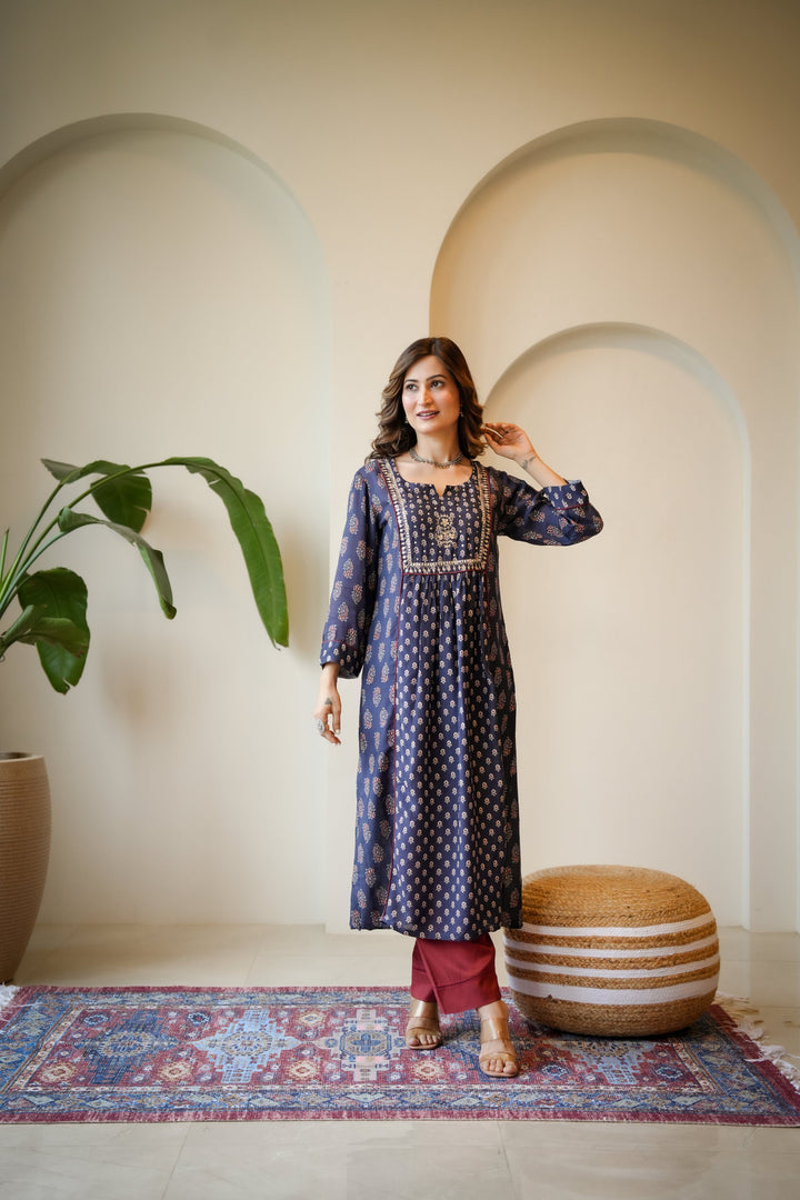 Blue and Red Pleated Gota Work Block Print Kurta Set-SET OF 2 | SHOBITAM