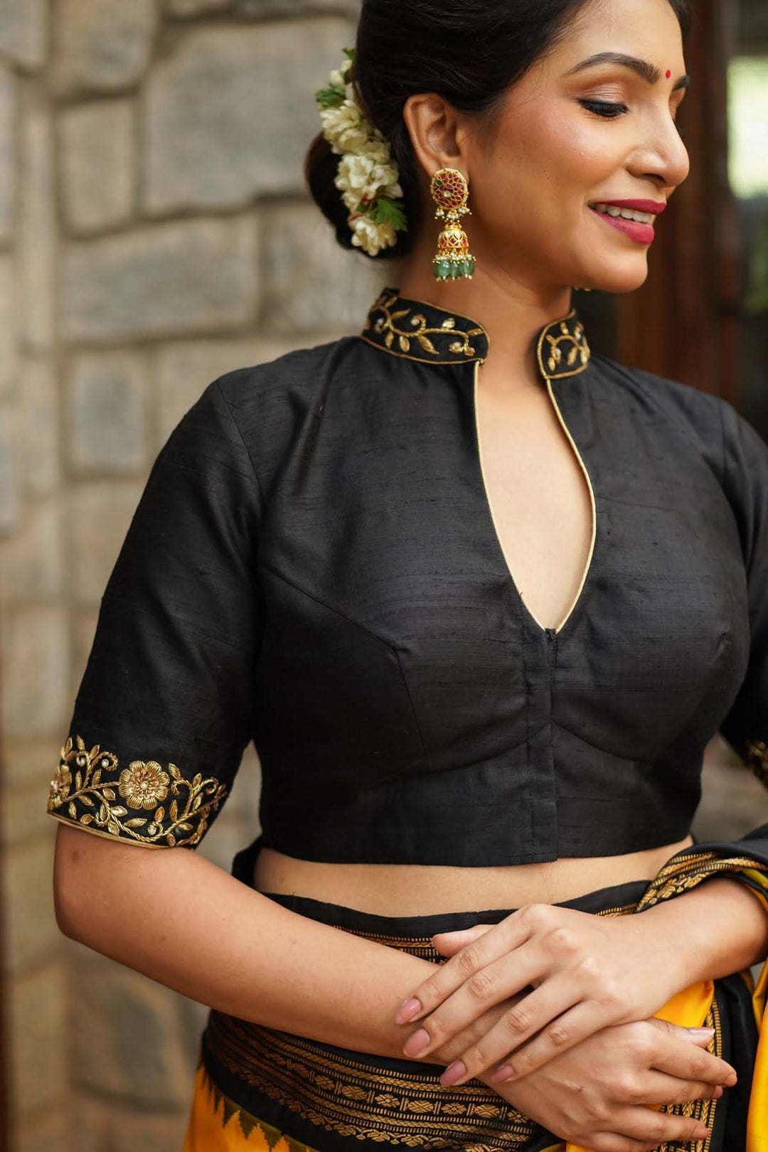 Black Raw Silk Blouse with Collar Neck and Zardosi Work   Mix and Match Blouse for saree, Made to Order