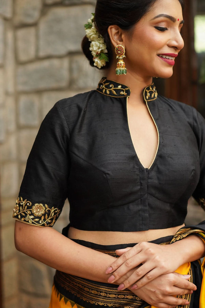 Black Raw Silk Blouse with Collar Neck and Zardosi Work   Mix and Match Blouse for saree, Made to Order