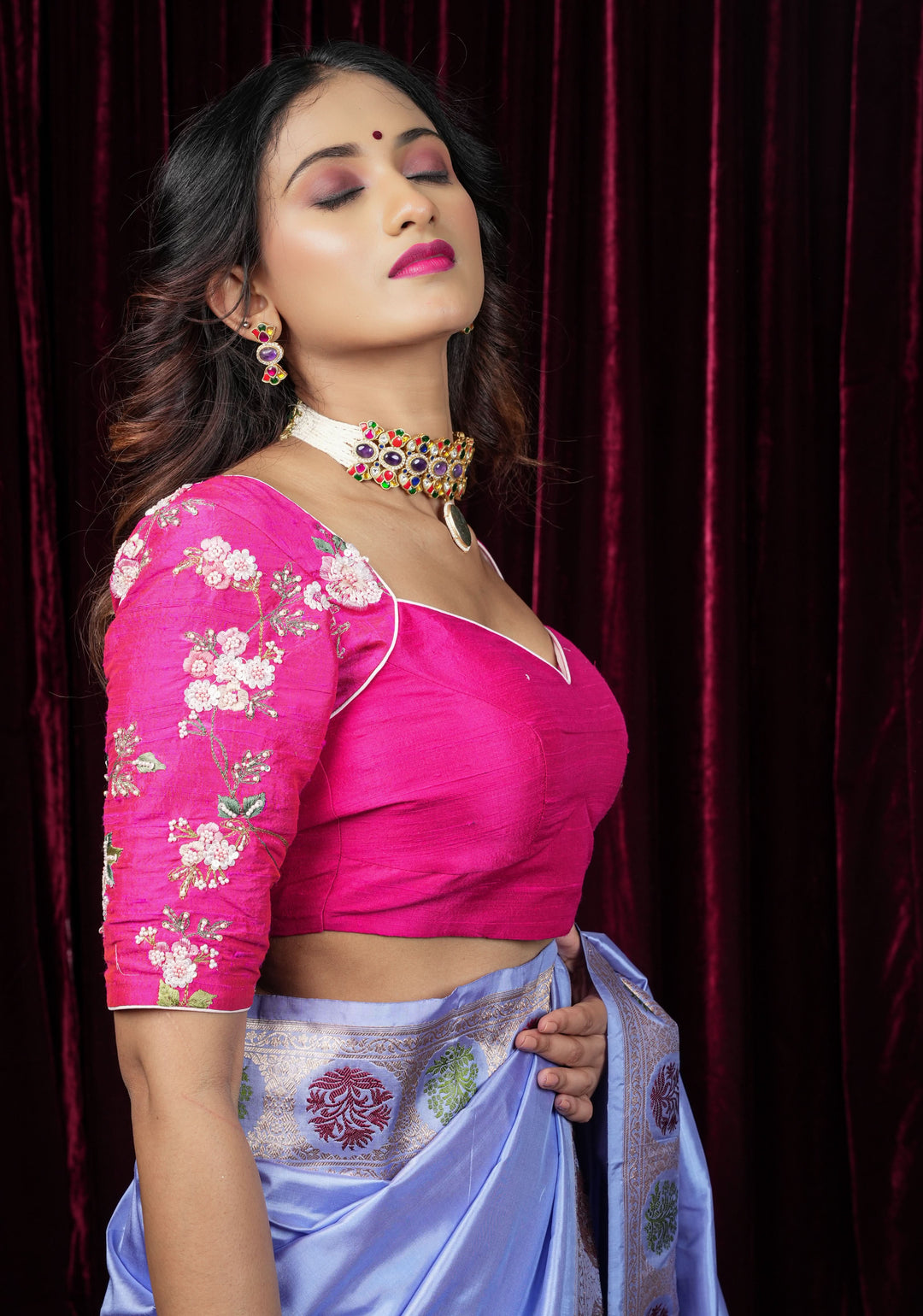 Pure Raw Silk blouse with Exquisite Moti and floral embroidery in Rani Pink,  Made to Order