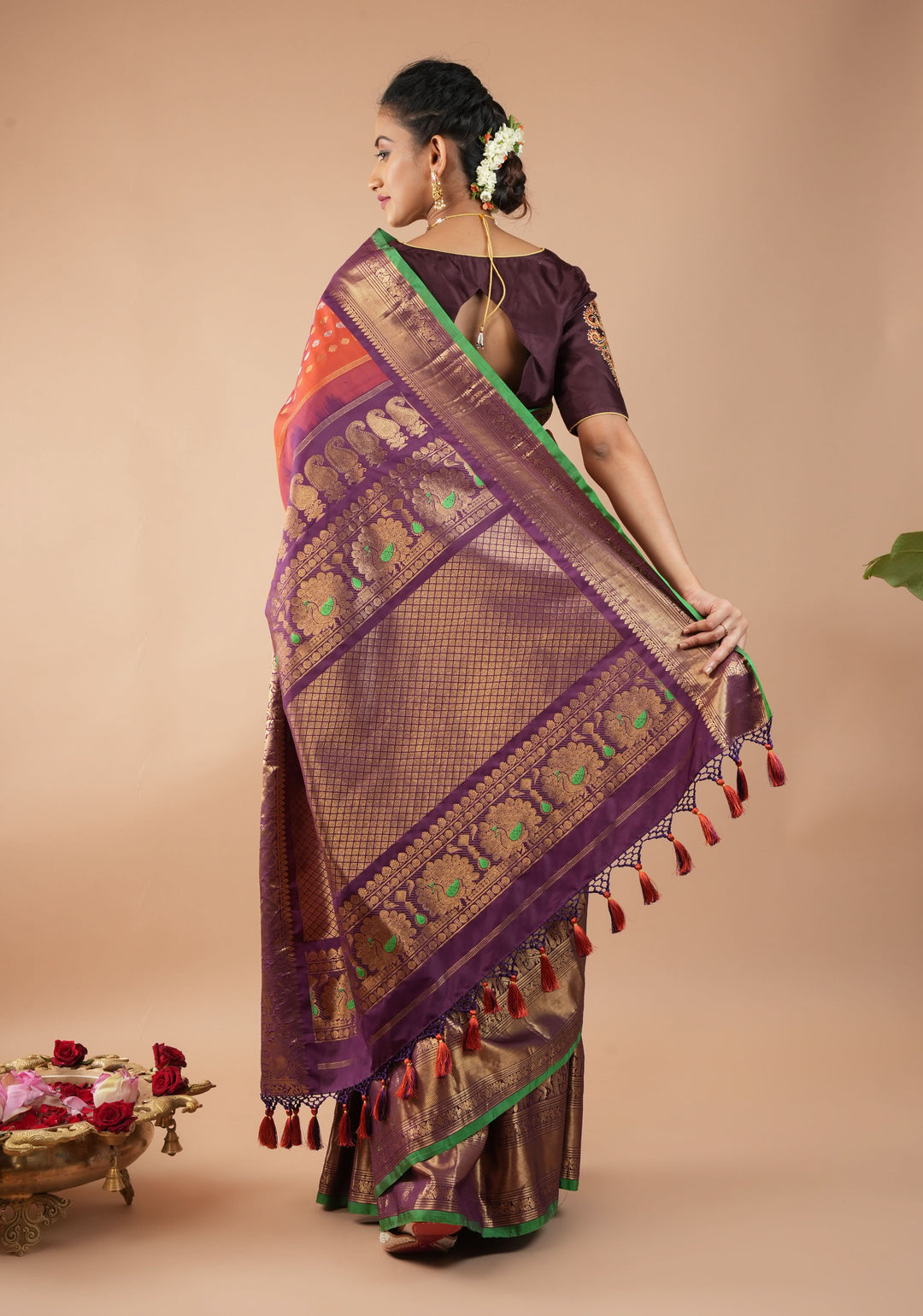 Rust Pure Gadwal Silk Saree with zari buttas and Wide Zari Border | SILK MARK CERTIFIED