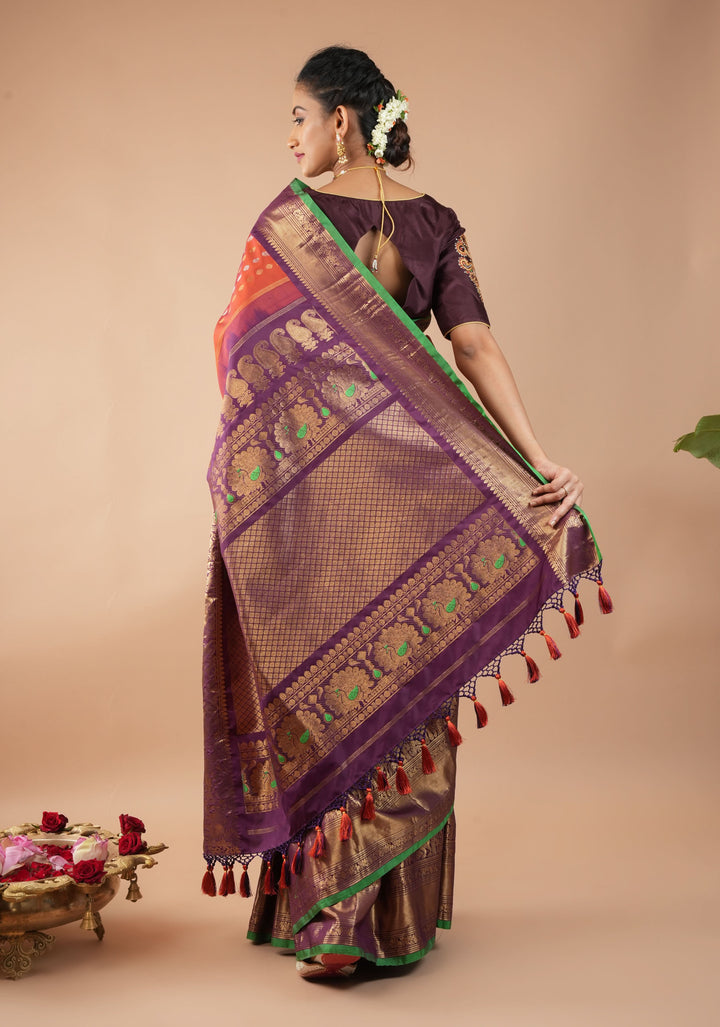 Rust Pure Gadwal Silk Saree with zari buttas and Wide Zari Border | SILK MARK CERTIFIED