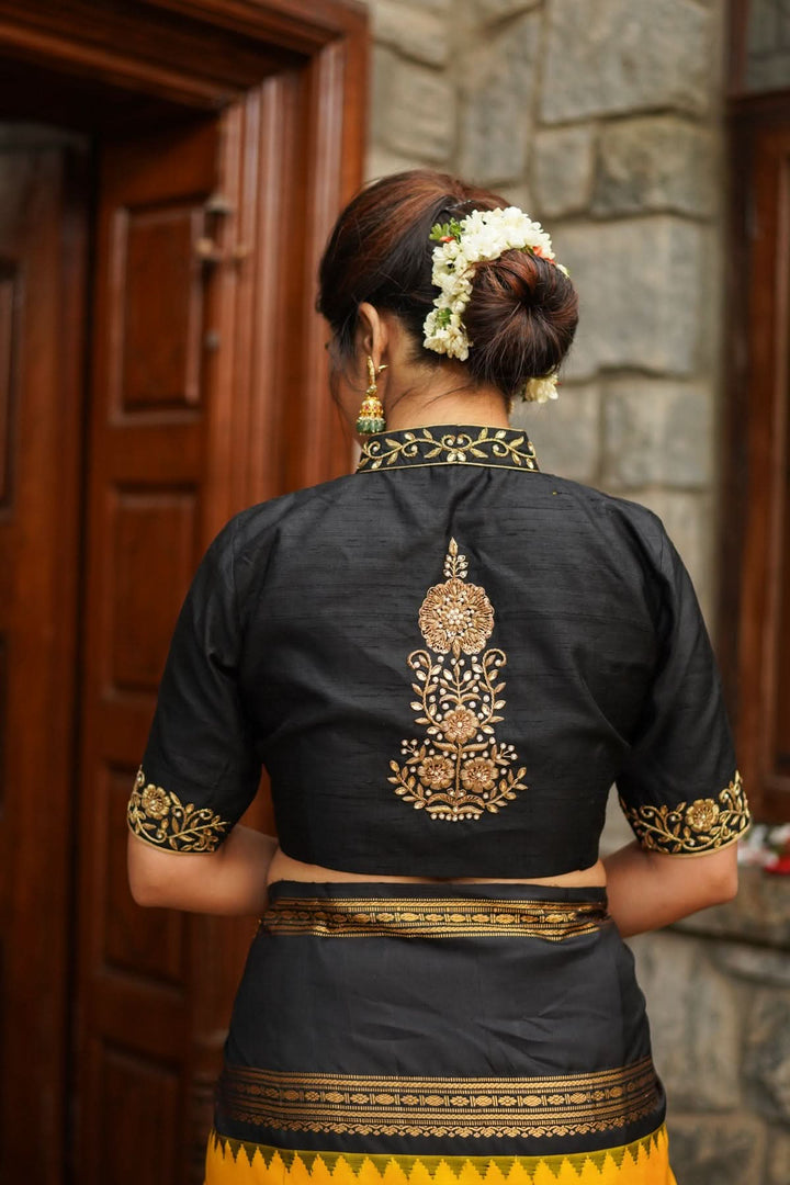 Black Raw Silk Blouse with Collar Neck and Zardosi Work   Mix and Match Blouse for saree, Made to Order