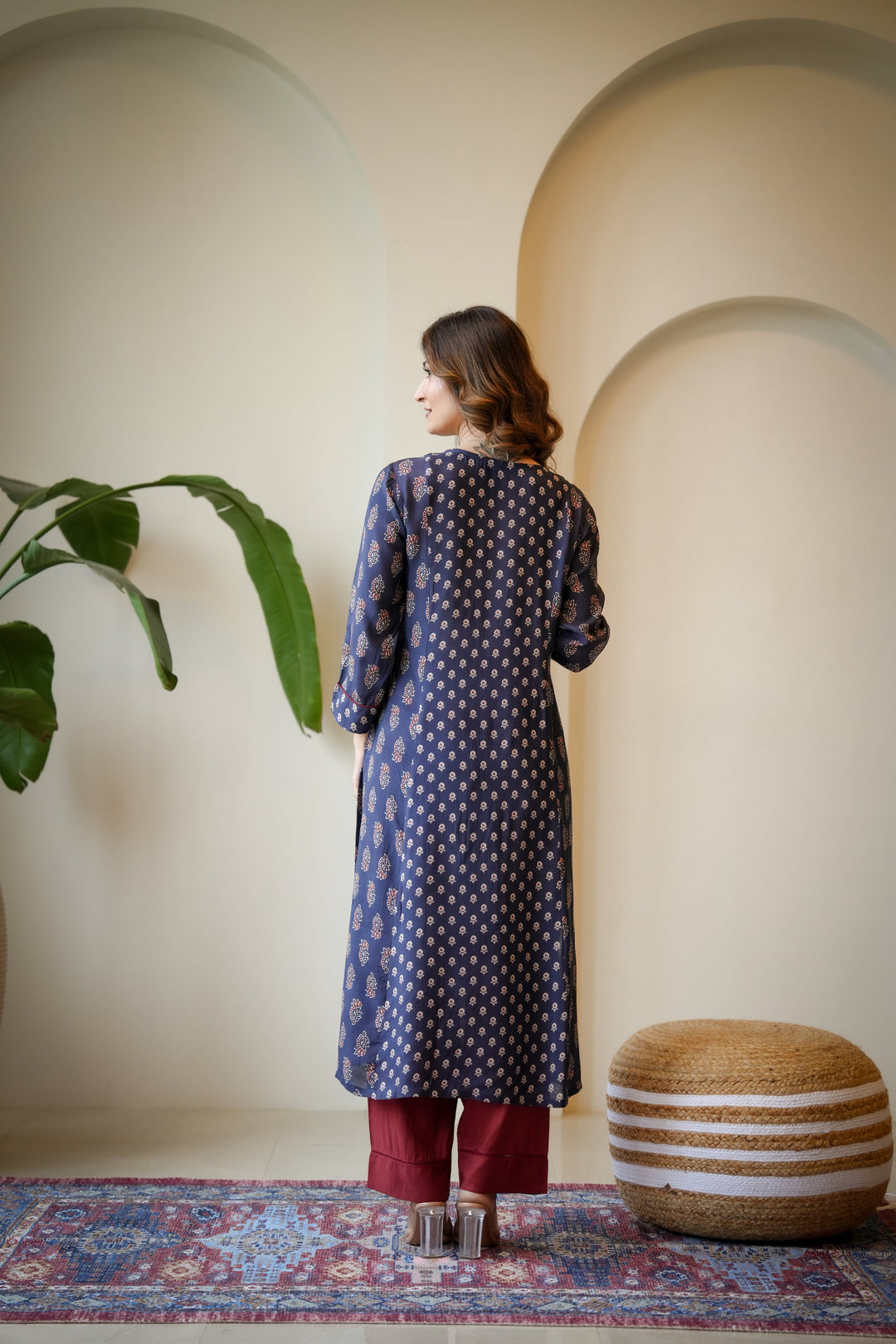 Blue and Red Pleated Gota Work Block Print Kurta Set-SET OF 2 | SHOBITAM