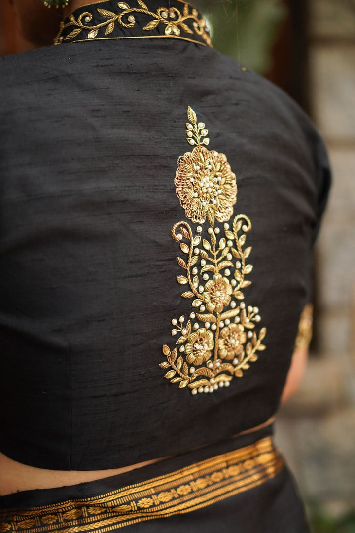 Black Raw Silk Blouse with Collar Neck and Zardosi Work   Mix and Match Blouse for saree, Made to Order