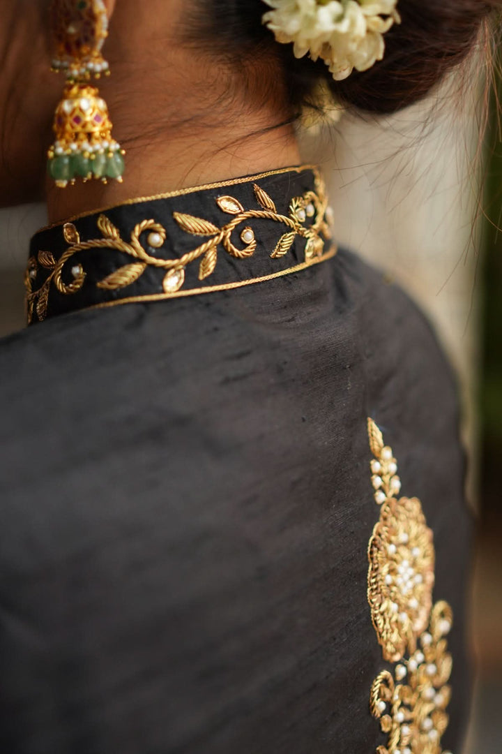 Black Raw Silk Blouse with Collar Neck and Zardosi Work   Mix and Match Blouse for saree, Made to Order