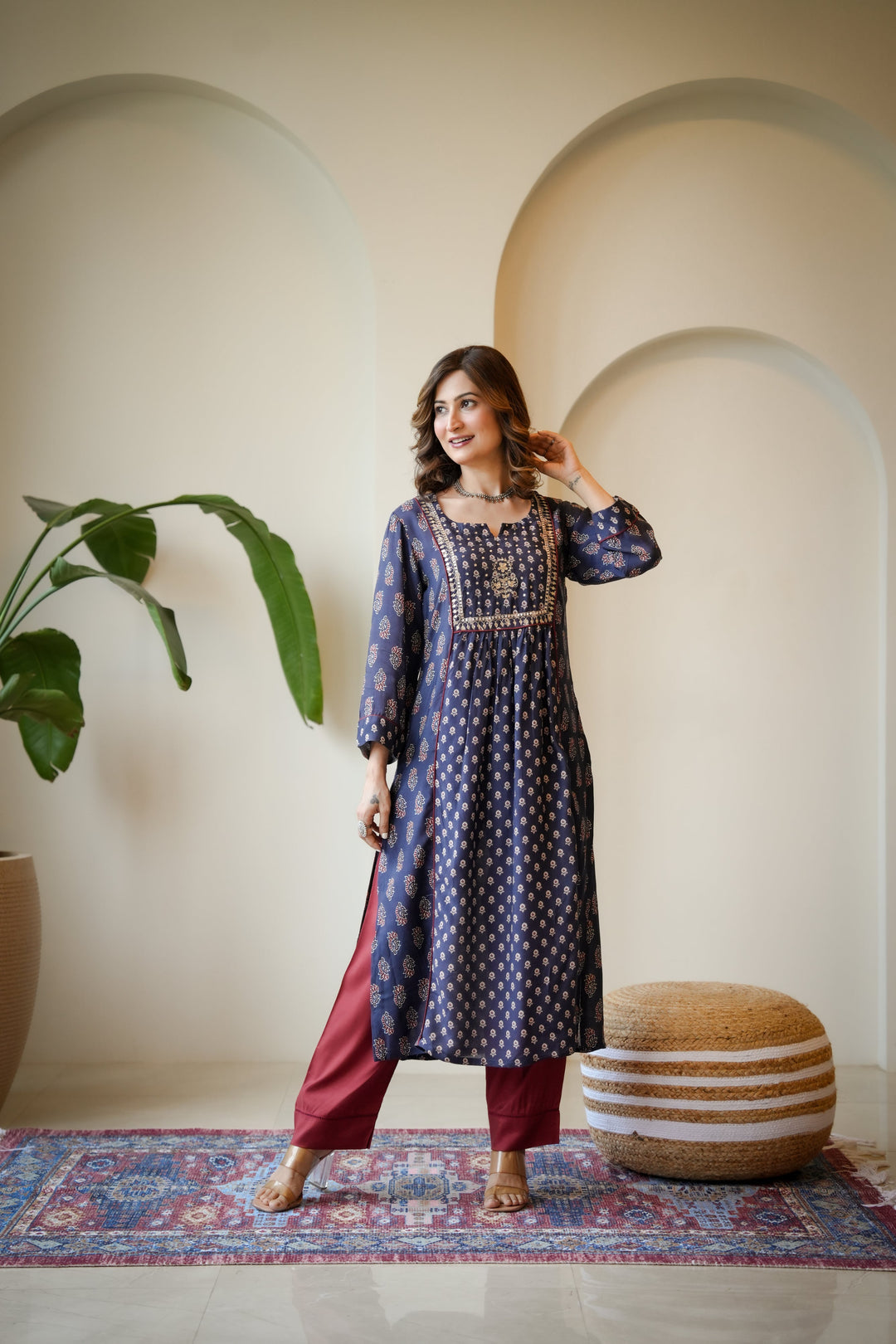 Blue and Red Pleated Gota Work Block Print Kurta Set-SET OF 2 | SHOBITAM