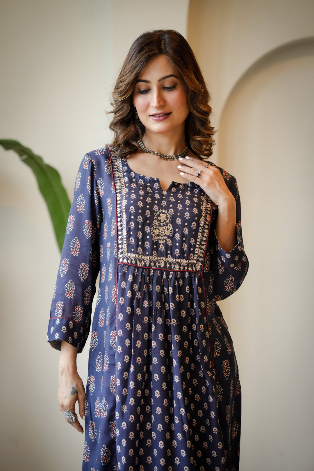 Blue and Red Pleated Gota Work Block Print Kurta Set-SET OF 2 | SHOBITAM