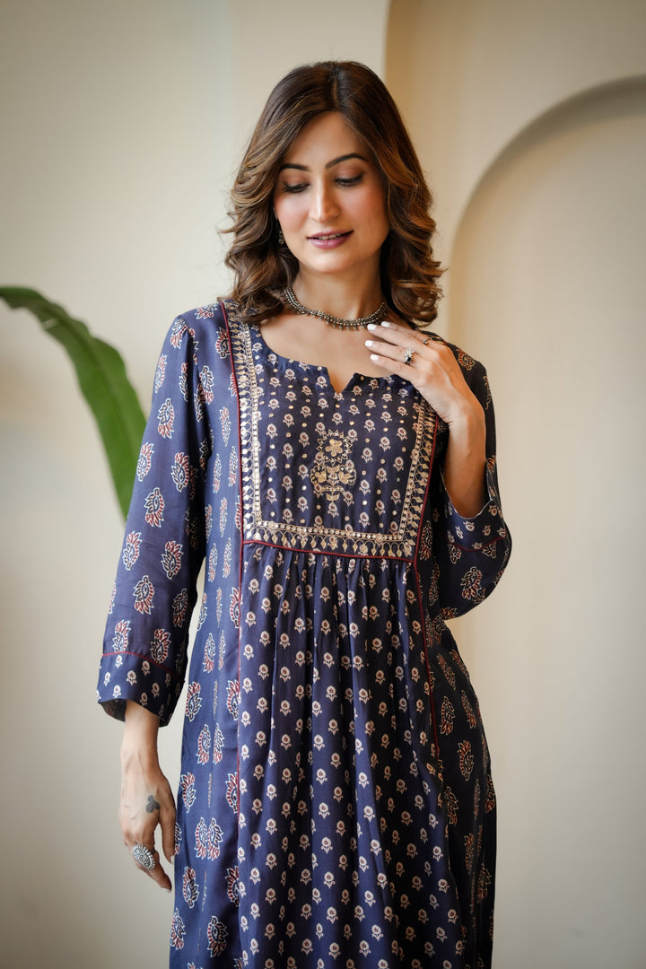 Blue and Red Pleated Gota Work Block Print Kurta Set-SET OF 2 | SHOBITAM