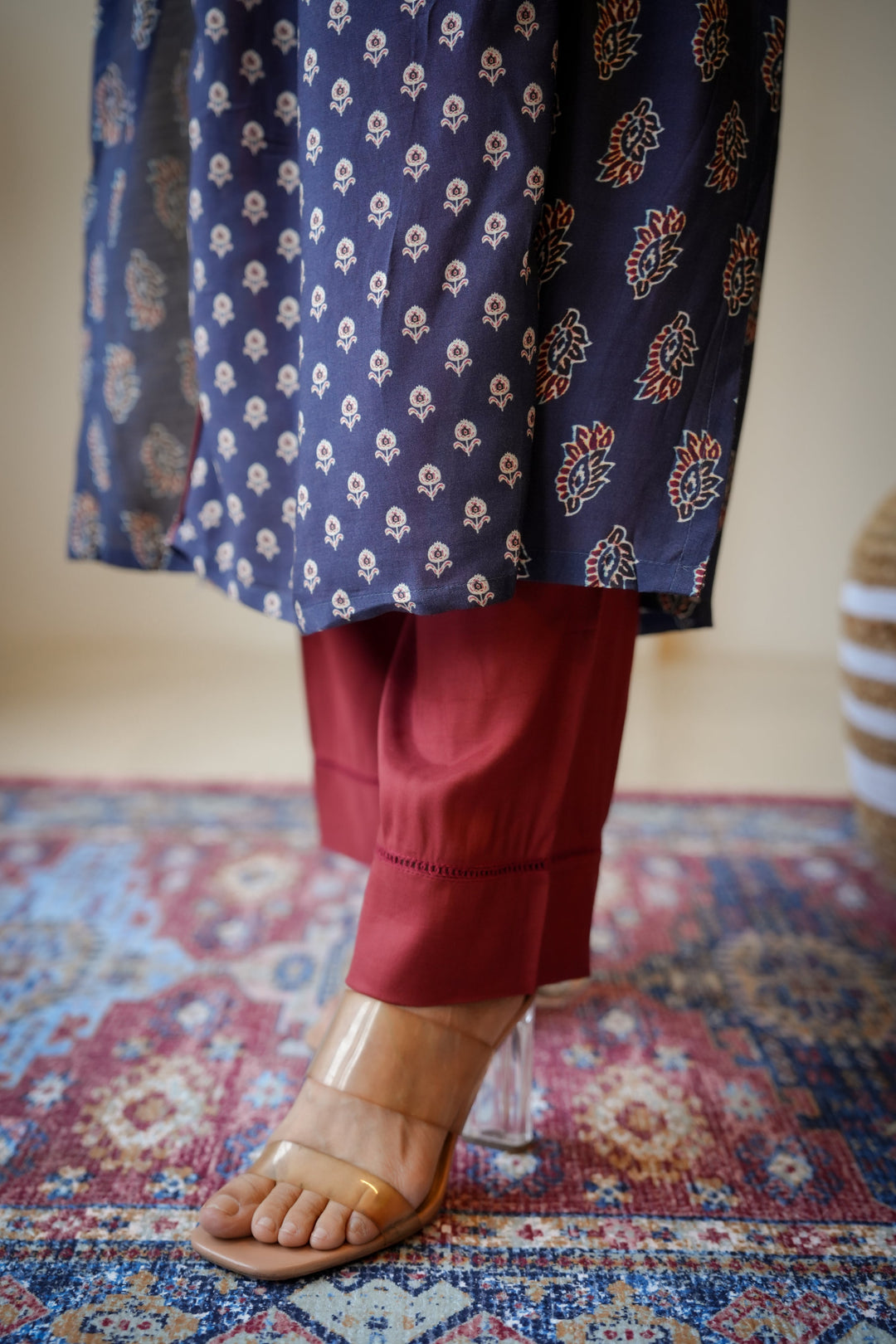 Blue and Red Pleated Gota Work Block Print Kurta Set-SET OF 2 | SHOBITAM