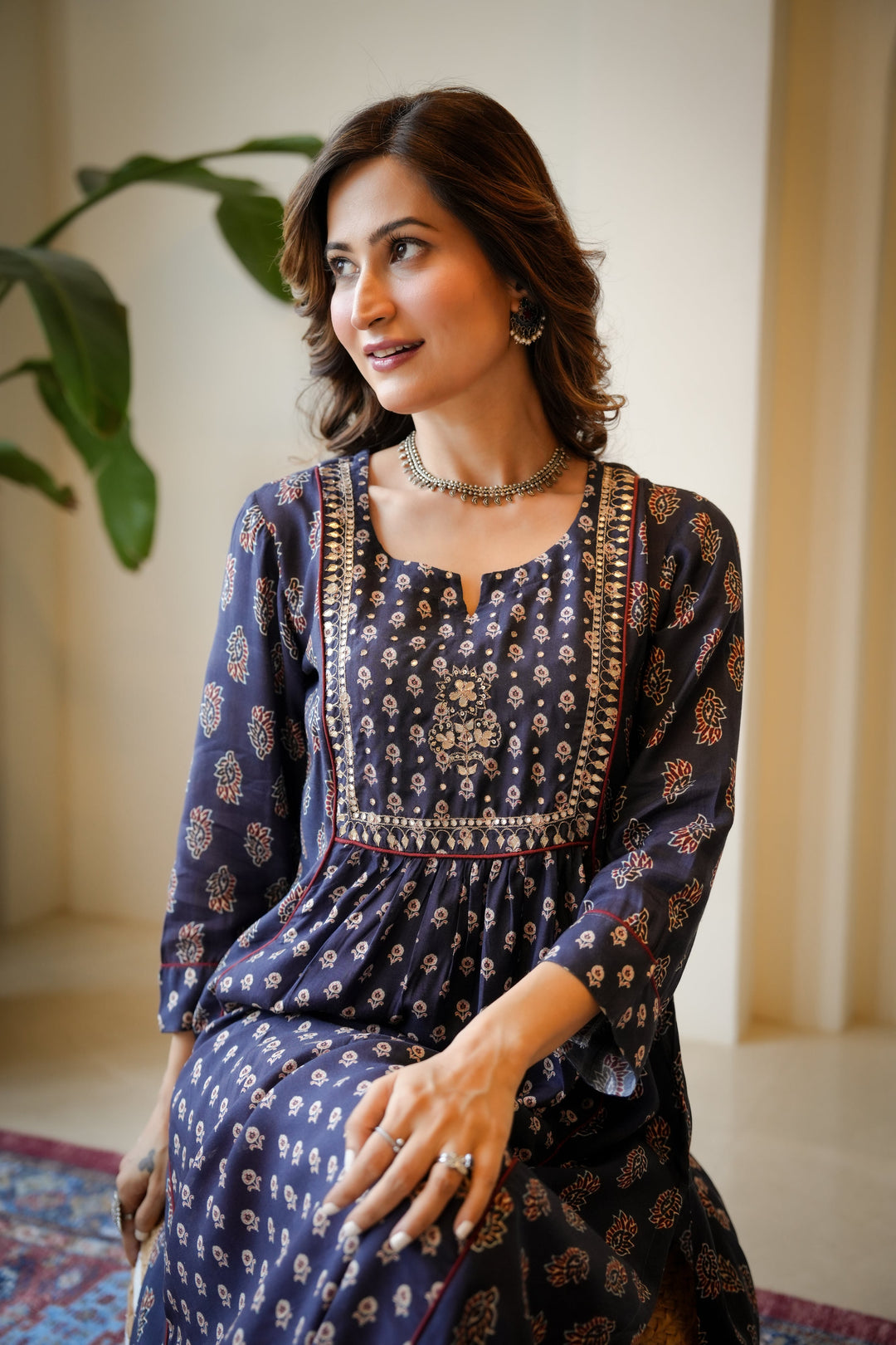 Blue and Red Pleated Gota Work Block Print Kurta Set-SET OF 2 | SHOBITAM