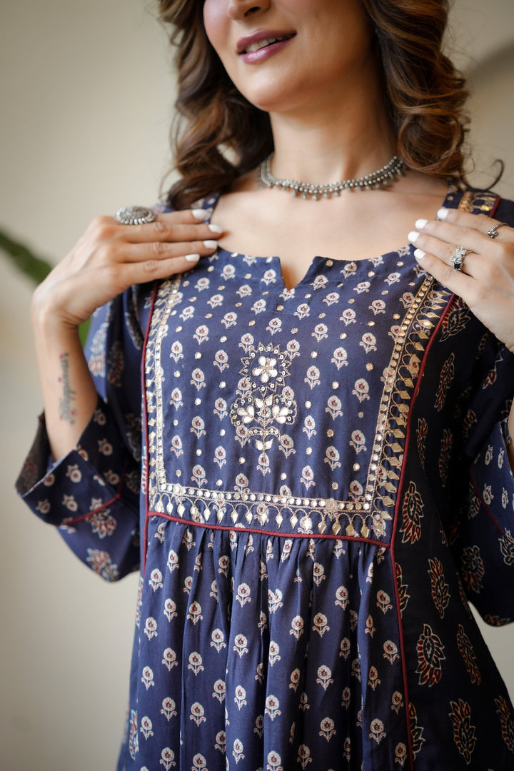 Blue and Red Pleated Gota Work Block Print Kurta Set-SET OF 2 | SHOBITAM