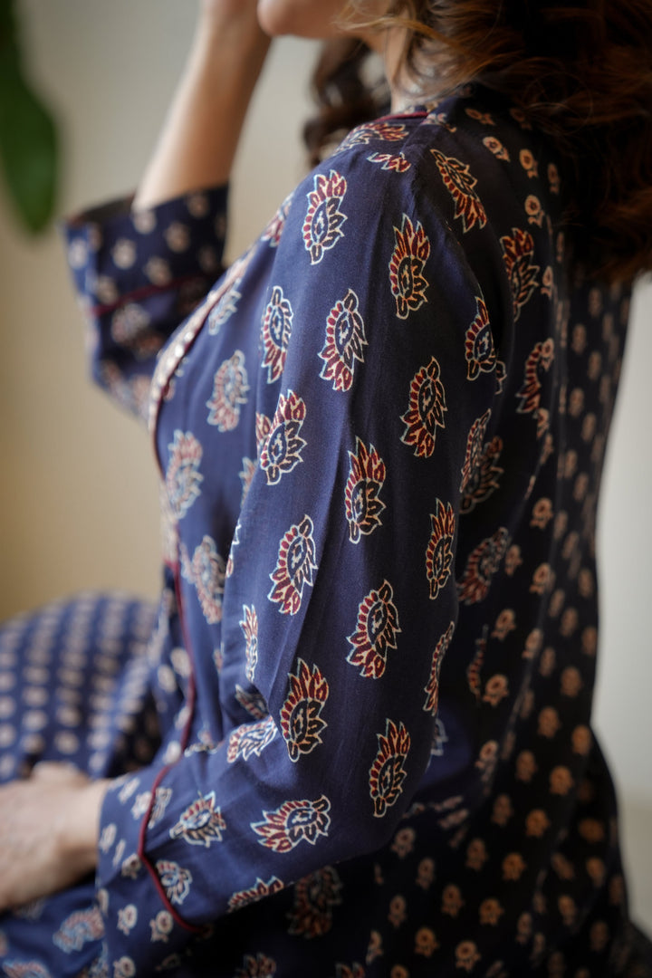 Blue and Red Pleated Gota Work Block Print Kurta Set-SET OF 2 | SHOBITAM