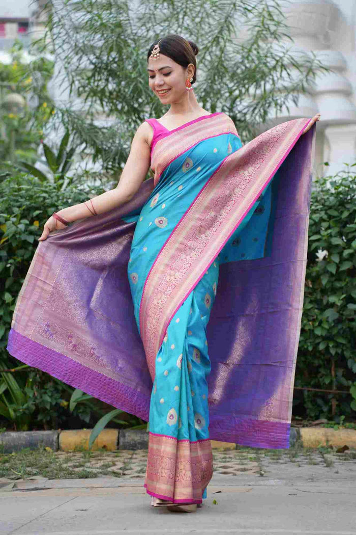 Cyan Ready to Wear saree Kanjivaram Inspired with Butte Zari Work & Designer Woven Border Wrap In 1 Minute | SILK MARK CERTIFIED