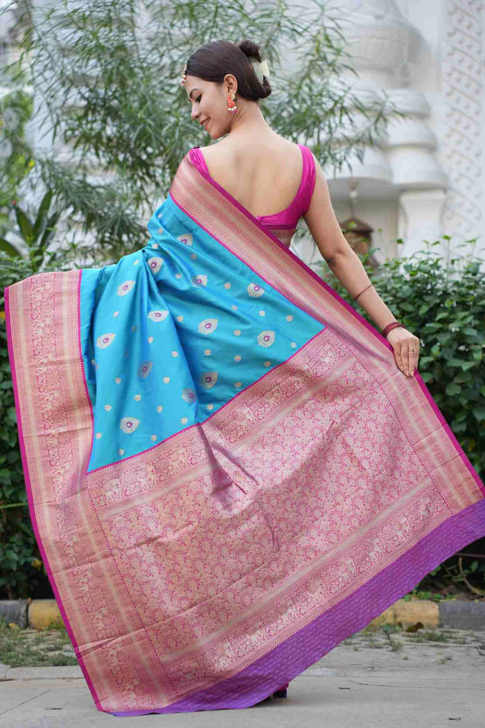 Cyan Ready to Wear saree Kanjivaram Inspired with Butte Zari Work & Designer Woven Border Wrap In 1 Minute | SILK MARK CERTIFIED
