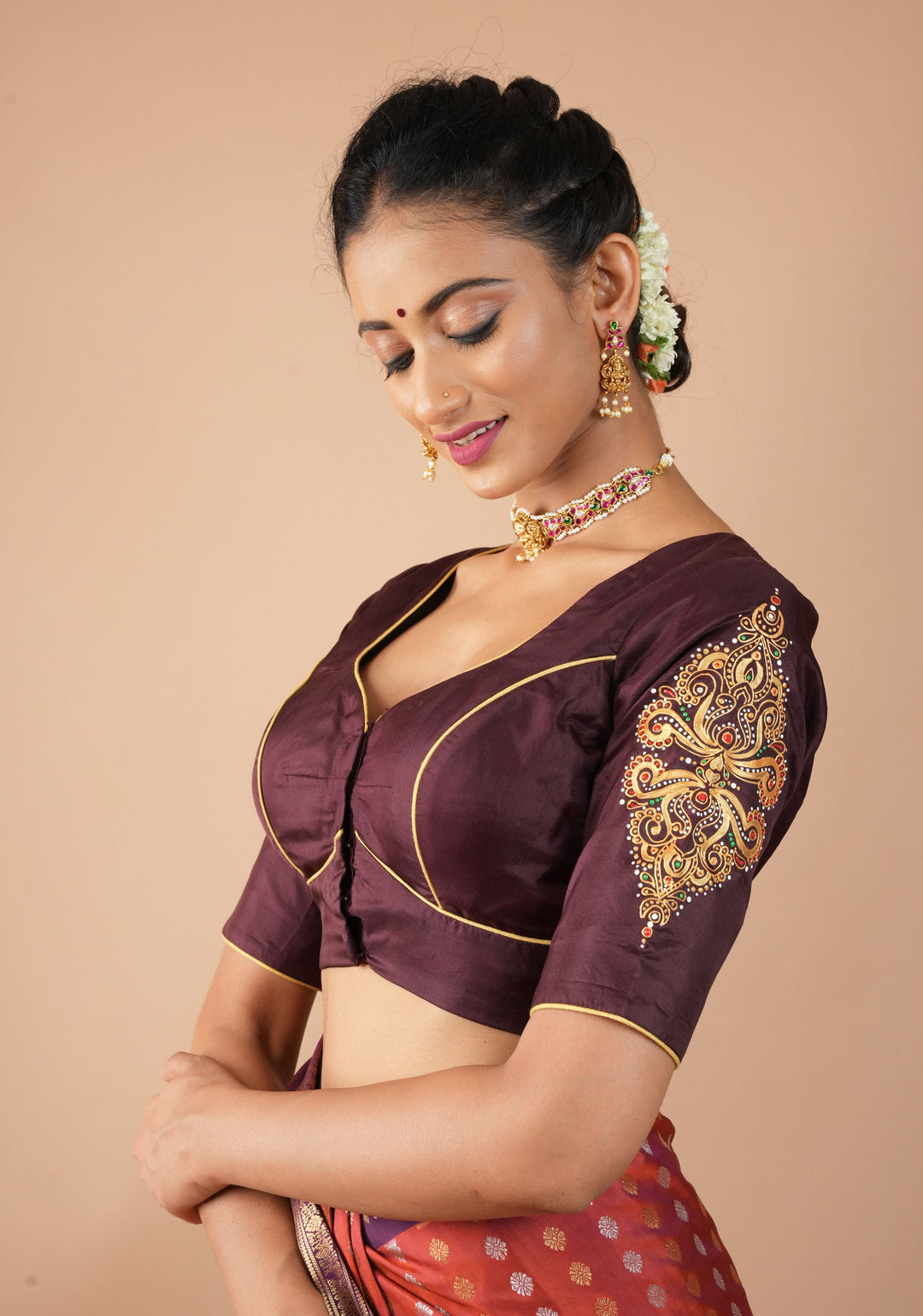Brown Pure Silk Blouse with 3D Tanjore Art Damansk Motif on Sleeves and Arch Cutout back, Color Customization available, made to order