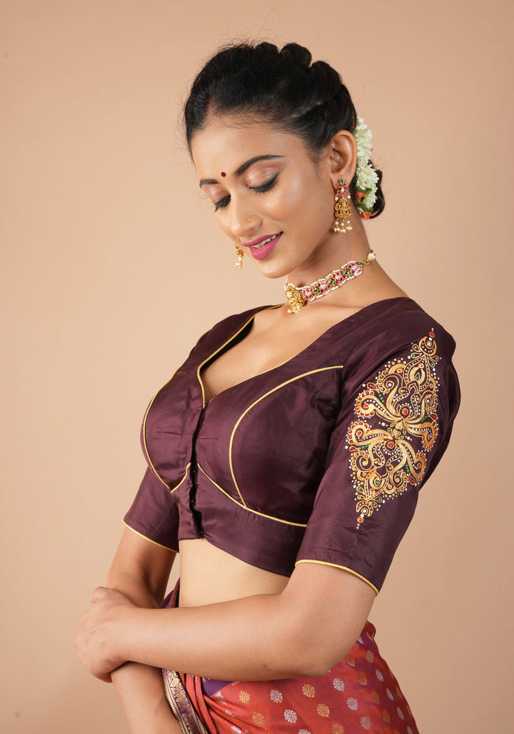 Brown Pure Silk Blouse with 3D Tanjore Art Damansk Motif on Sleeves and Arch Cutout back, Color Customization available, made to order