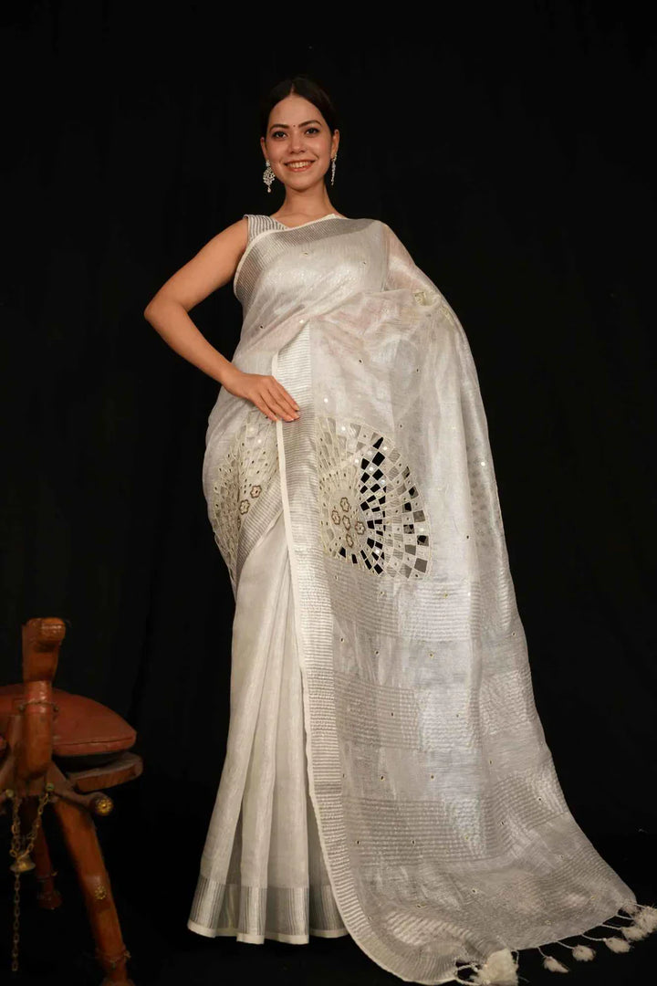Gray Handloom Bhagalpuri Linen Silk with Cut Work , Mirror & Moti Embroidered Wrap In 1 Minute Saree