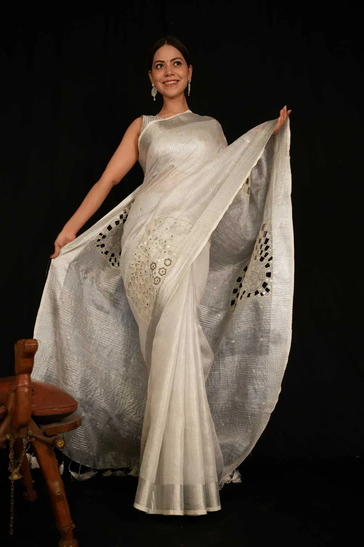 Gray Handloom Bhagalpuri Linen Silk with Cut Work , Mirror & Moti Embroidered Wrap In 1 Minute Saree