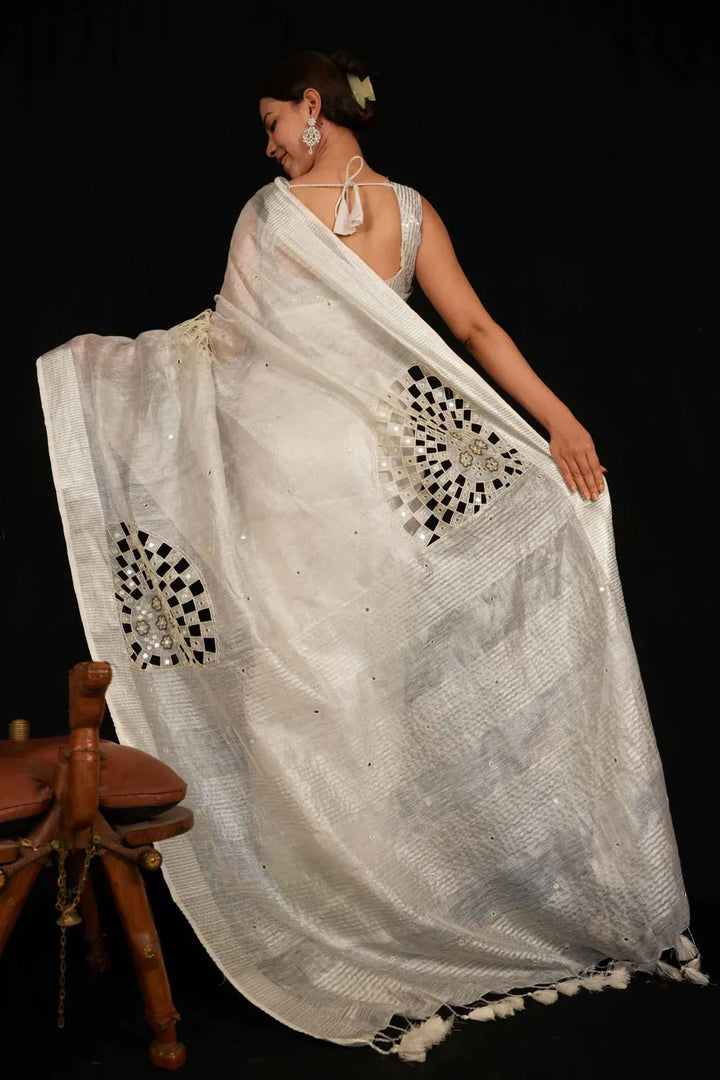 Gray Handloom Bhagalpuri Linen Silk with Cut Work , Mirror & Moti Embroidered Wrap In 1 Minute Saree