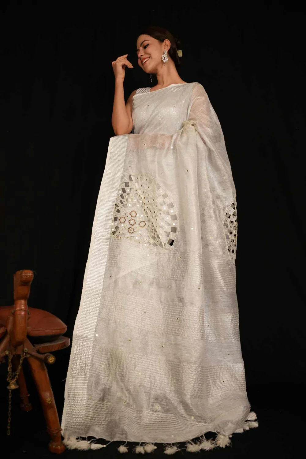 Gray Handloom Bhagalpuri Linen Silk with Cut Work , Mirror & Moti Embroidered Wrap In 1 Minute Saree