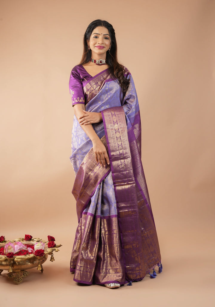 Lavender Ornate Brocade Gadwal Silk Saree with Purple wide border | SILK MARK CERTIFIED