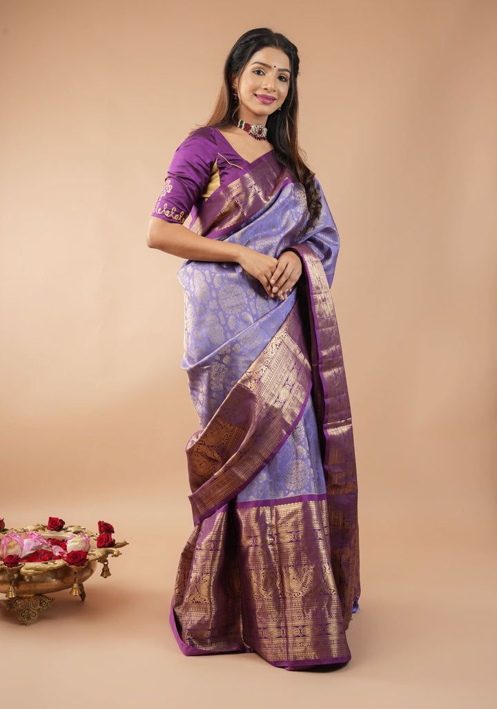 Lavender Ornate Brocade Gadwal Silk Saree with Purple wide border | SILK MARK CERTIFIED