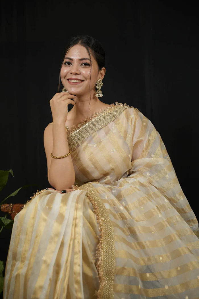 Beige Tissue Silk Saree with Golden strips Ready to wear Saree | SILK MARK CERTIFIED